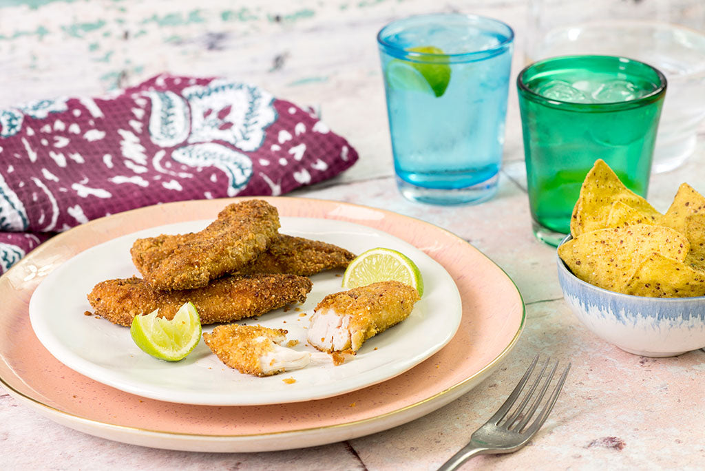 TOMATILLO SALSA TORTILLA CHIP CRUSTED CHICKEN FINGERS WITH FRESH LIME